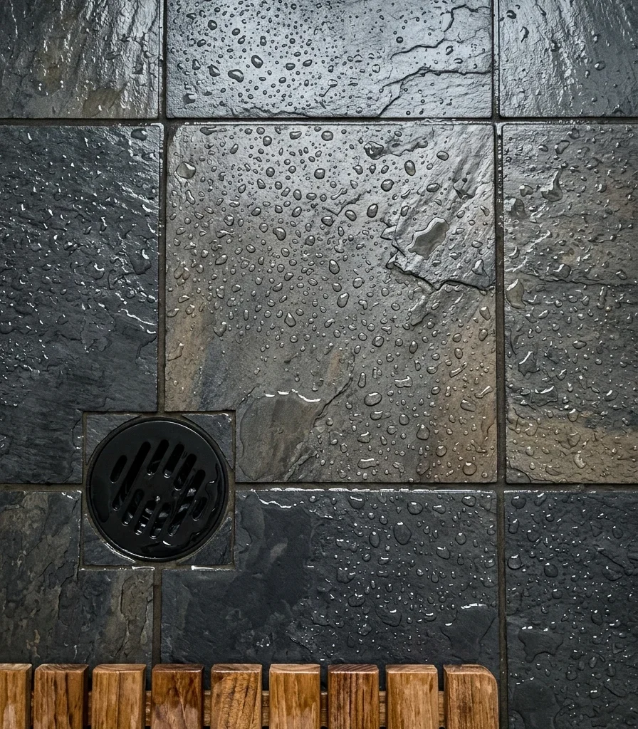 5. Choose a Textured Pebble or Honed Slate Floor