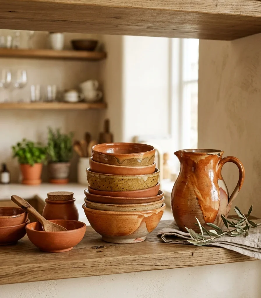 5. Display Terracotta Ceramic Serveware on an Open Shelf