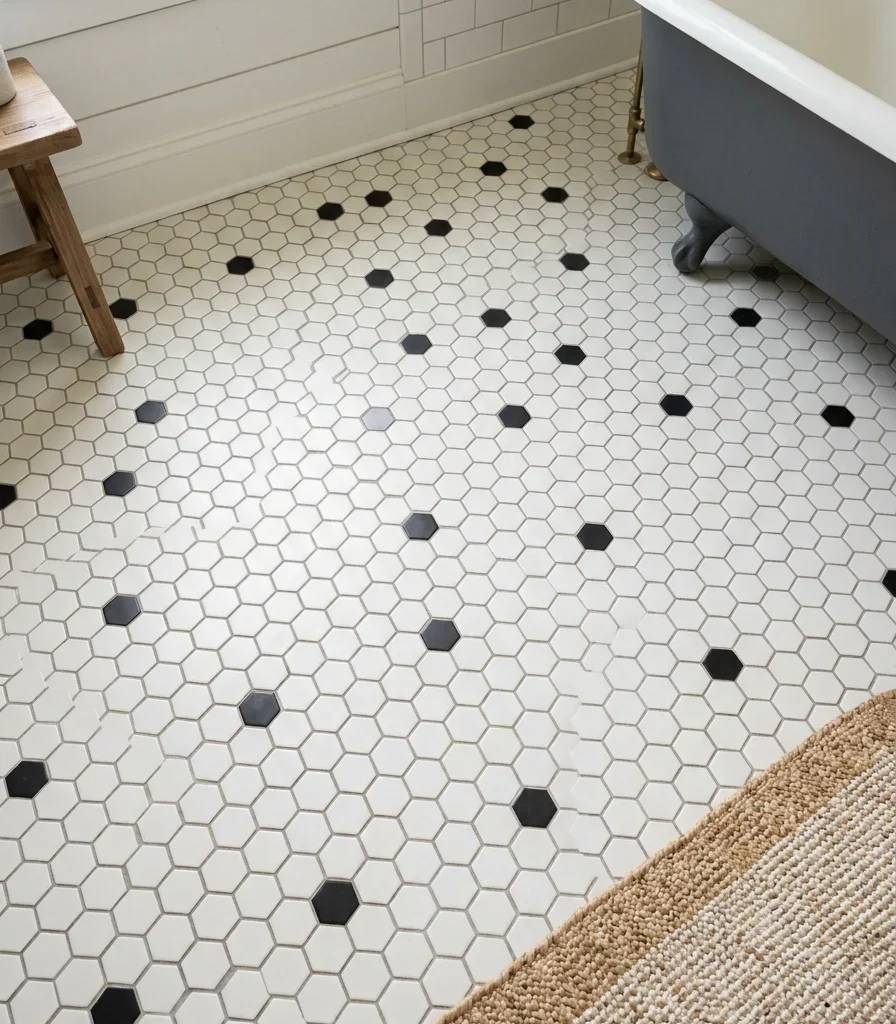 5. Lay a Black-and-White Hexagon Mosaic Floor