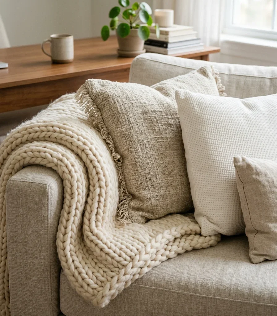 5. Layer Throw Pillows and a Chunky Knit Blanket