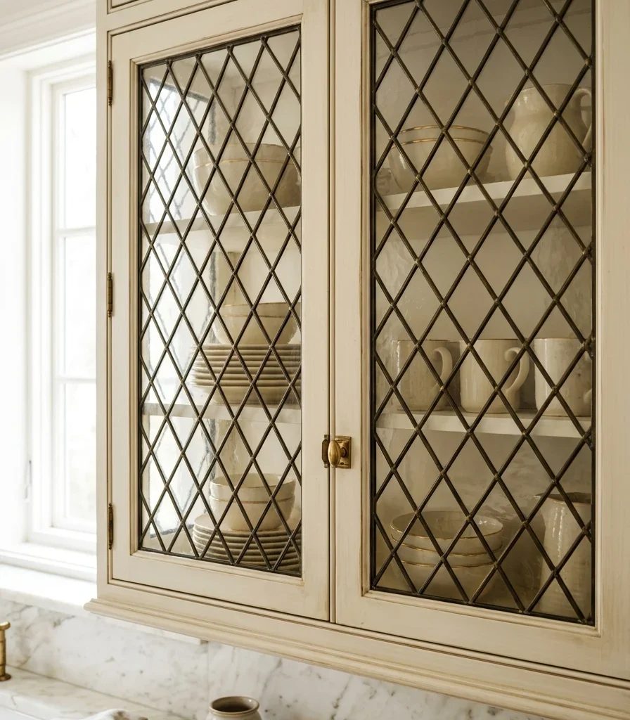 5. Leaded Glass Cabinet Fronts for Traditional Detail