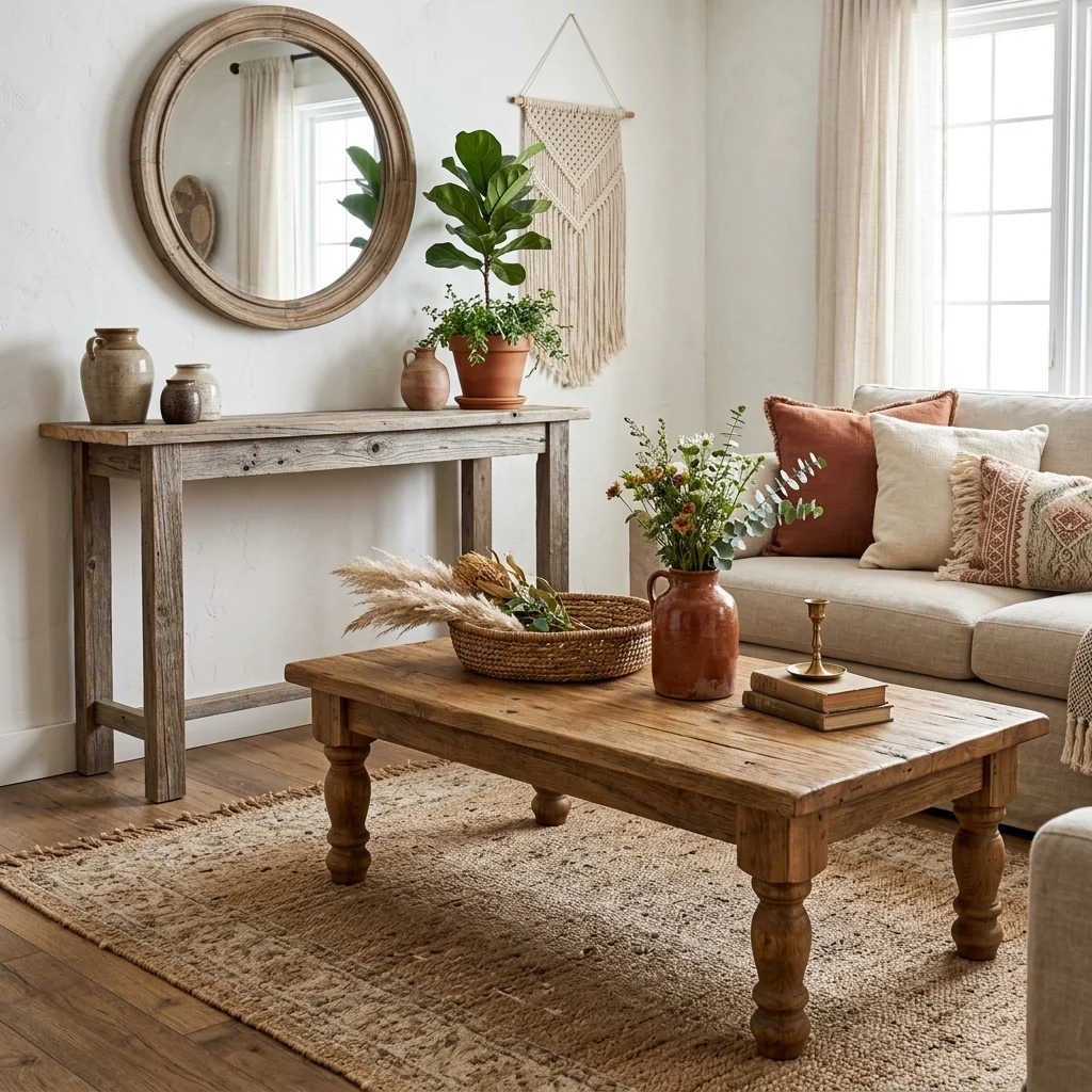 5. Reclaimed Wood Furniture Mixed Across Wood Tones