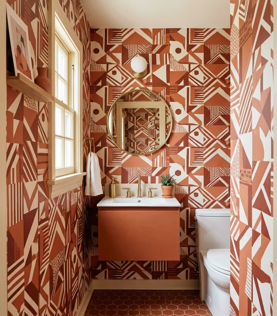 6. A Bold Terracotta Geometric Pattern for a Powder Room