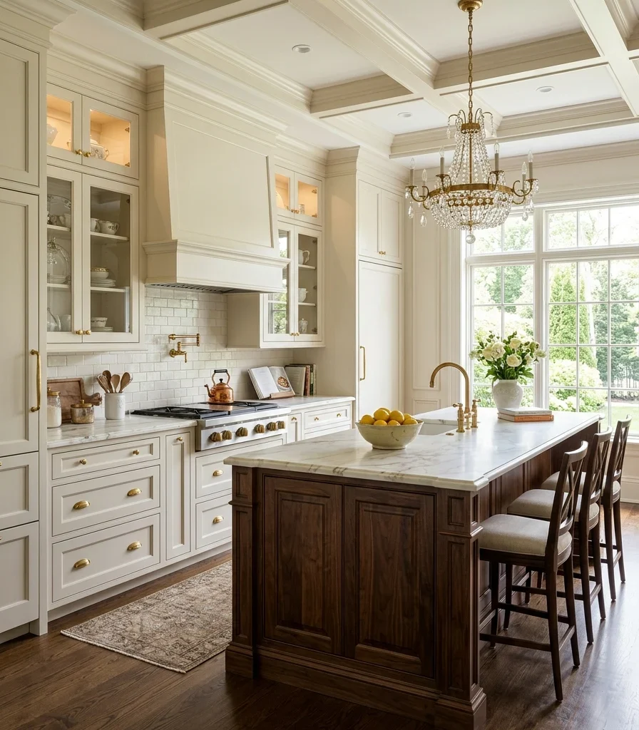 6. A Traditional Two-Tone Kitchen With Painted Perimeter and Stained Island