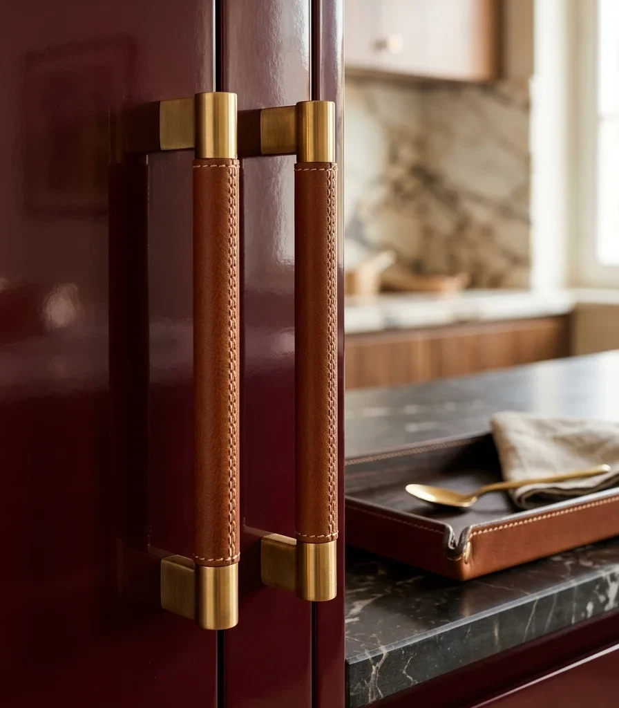 6. Add Leather-Wrapped Cabinet Pulls and Trays