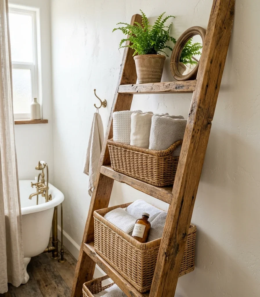 6. Add Woven Wicker Baskets on a Ladder Shelf