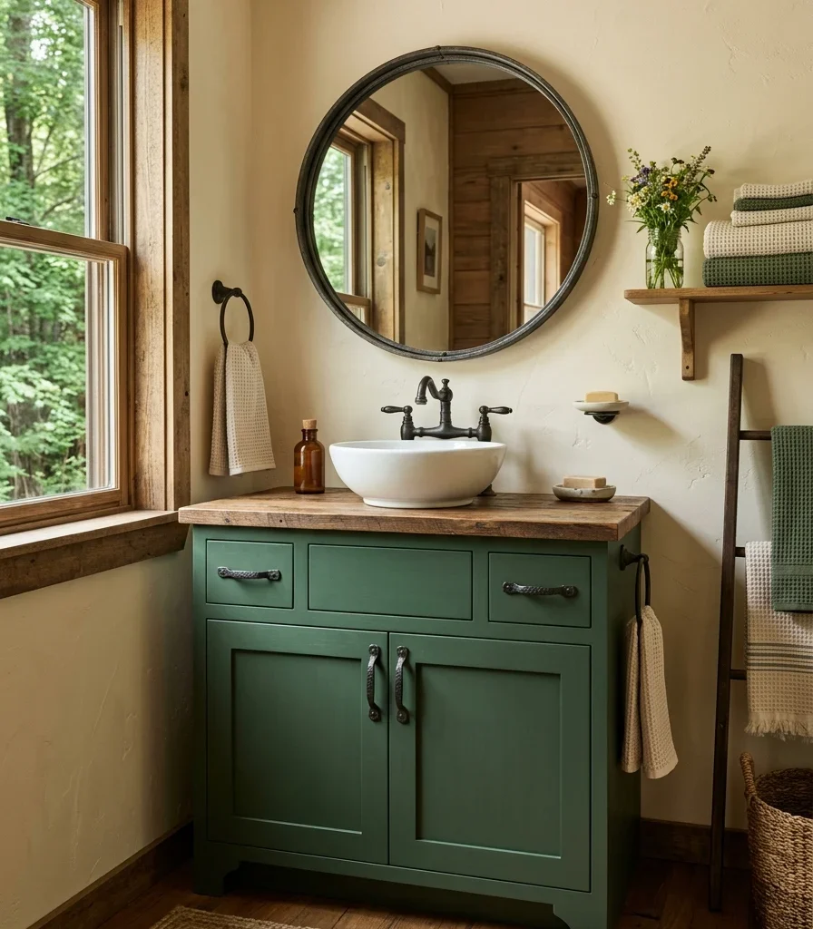 6. Deep Forest Green Vanity for Cabin Warmth