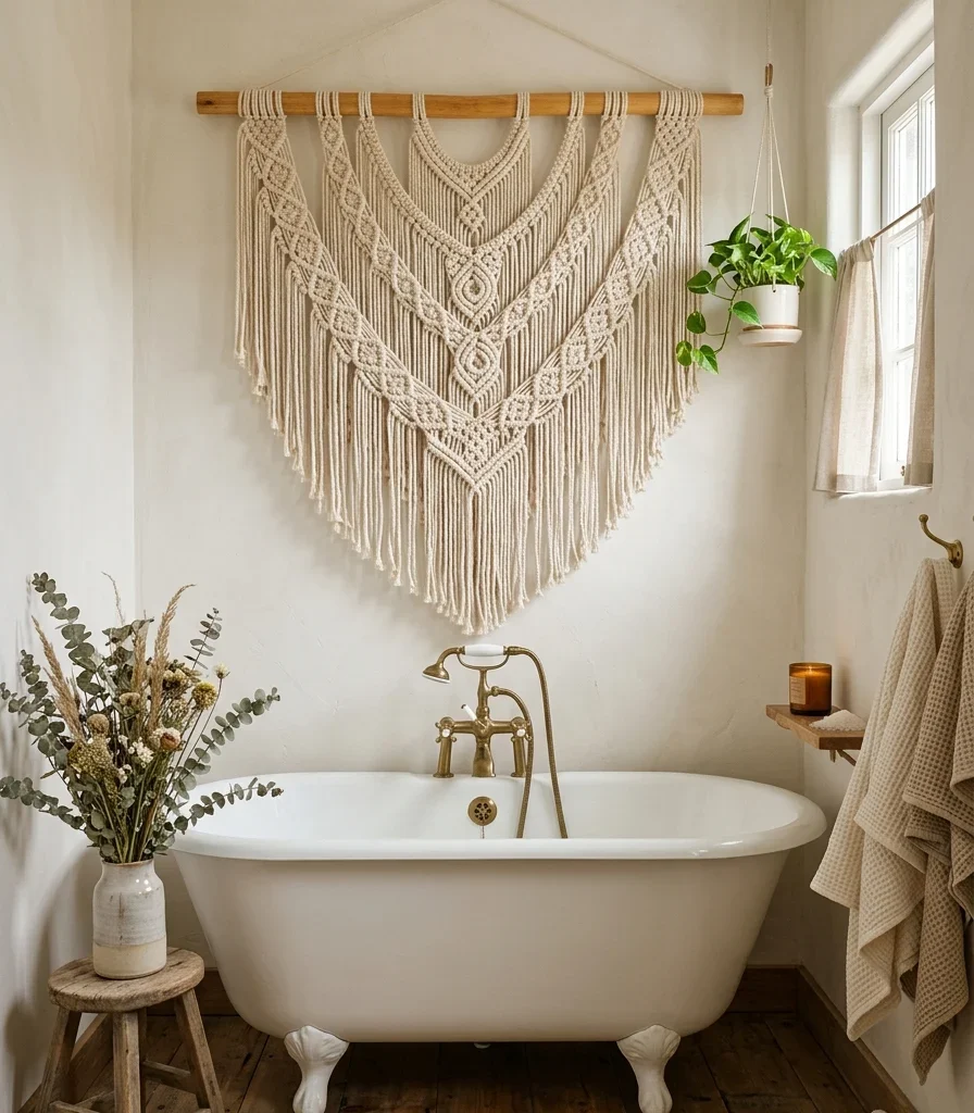 6. Hang a Macrame Wall Hanging Above the Tub