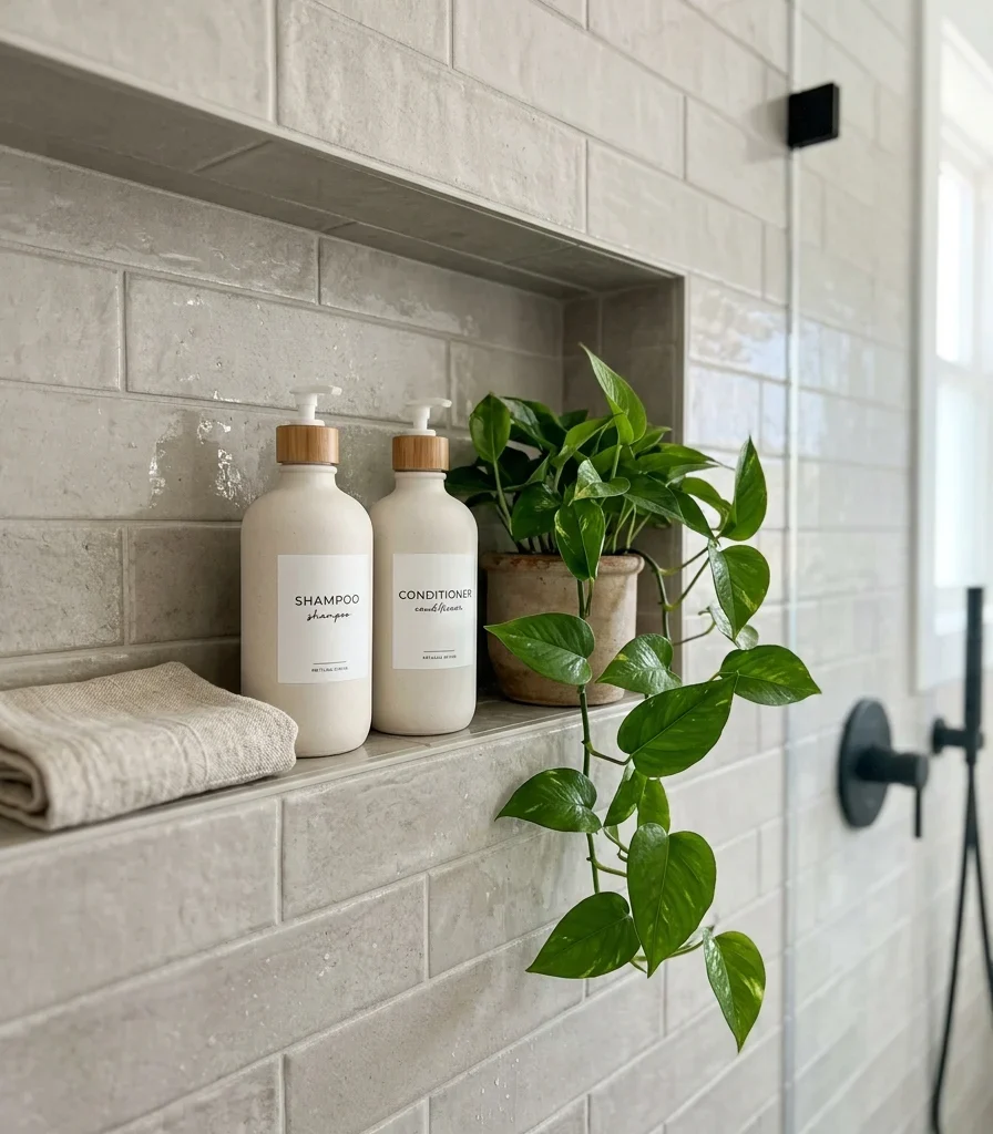 6. Style the Built-In Niche With Ceramic Bottles and a Plant