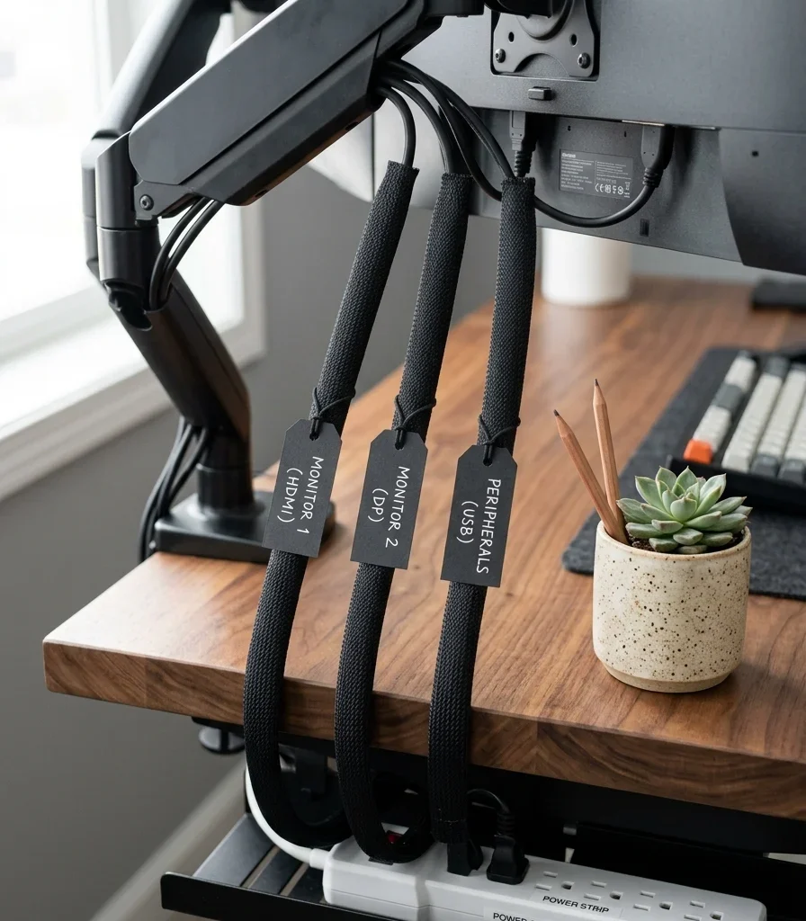 6. Use Labeled Cable Sleeves for Each Monitor's Cord Run