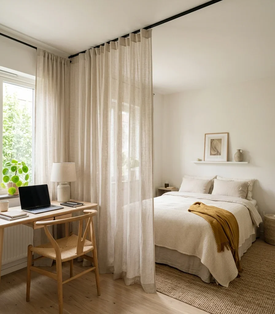 7. Divide Sleep and Work Zones With a Sheer Curtain
