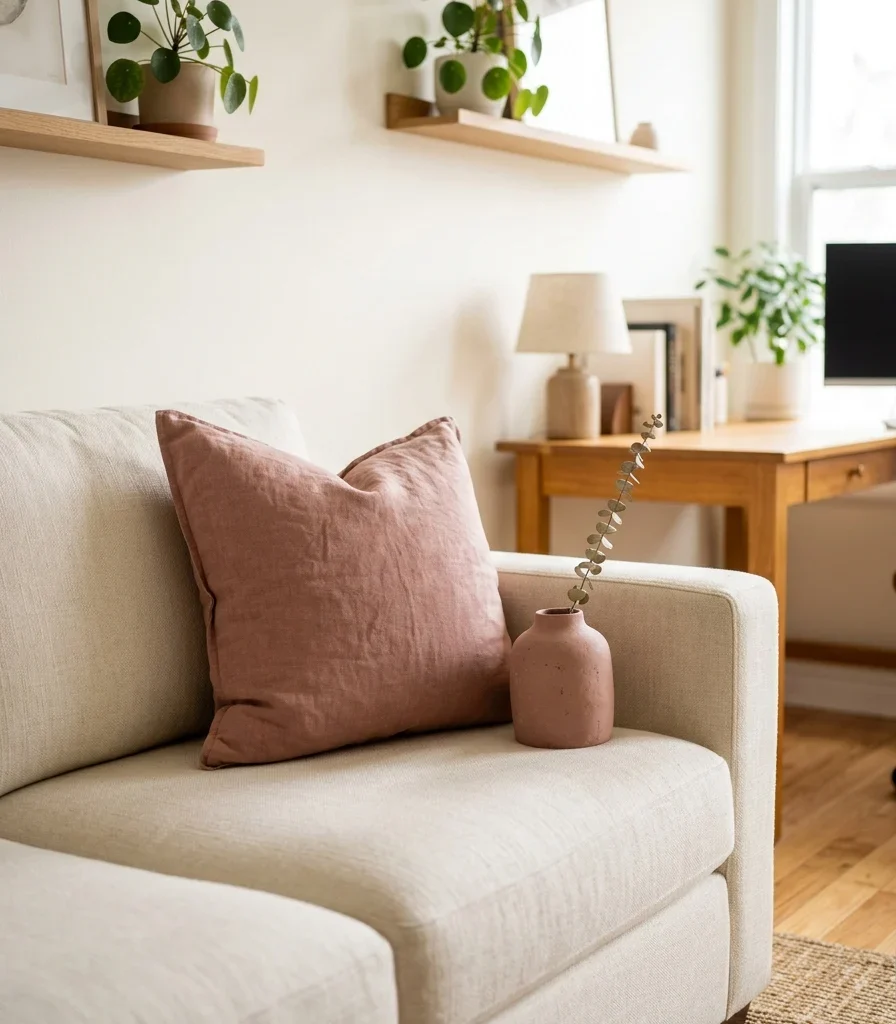 7. Add a Dusty Rose Accent in a Small Neutral Room