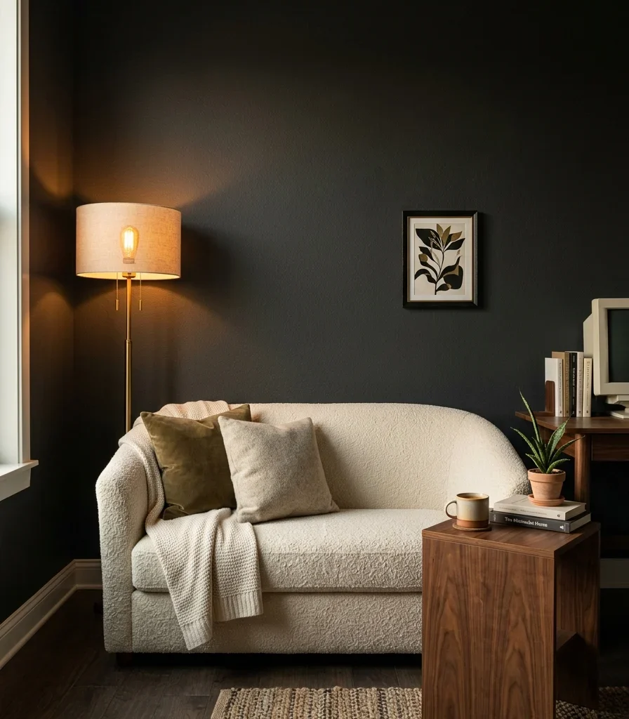 7. Anchor the Room With a Deep Charcoal Wall Behind the Couch