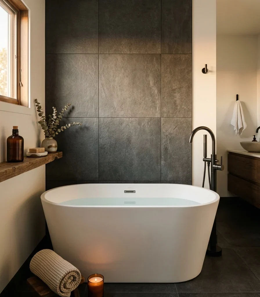 7. Anchor the Room With a Warm Charcoal Accent Wall Behind the Tub