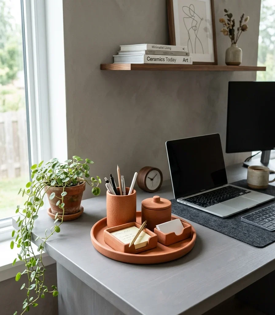 7. Break Up an All-Grey Home Office With Warm Terracotta