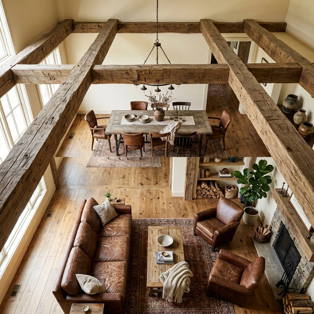 7. Exposed Wood Beam Ceilings Throughout Connected Rooms