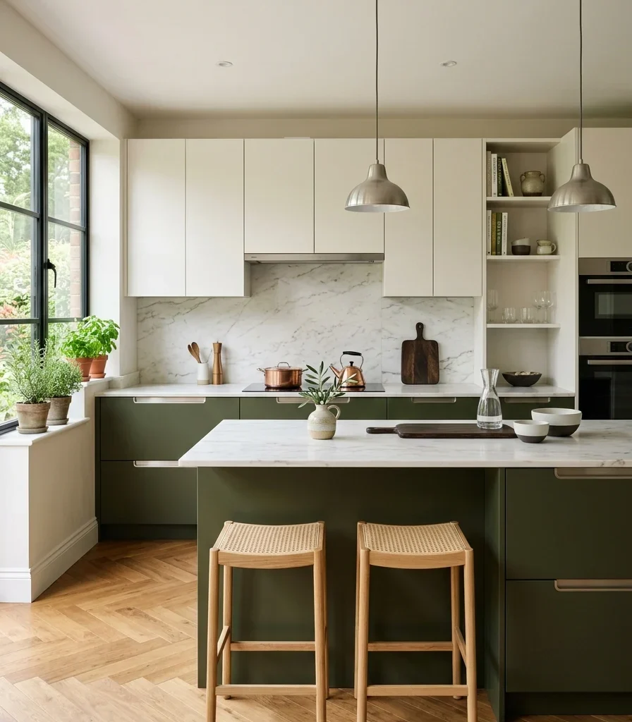 7. Introduce Deep Olive Green Lower Cabinetry