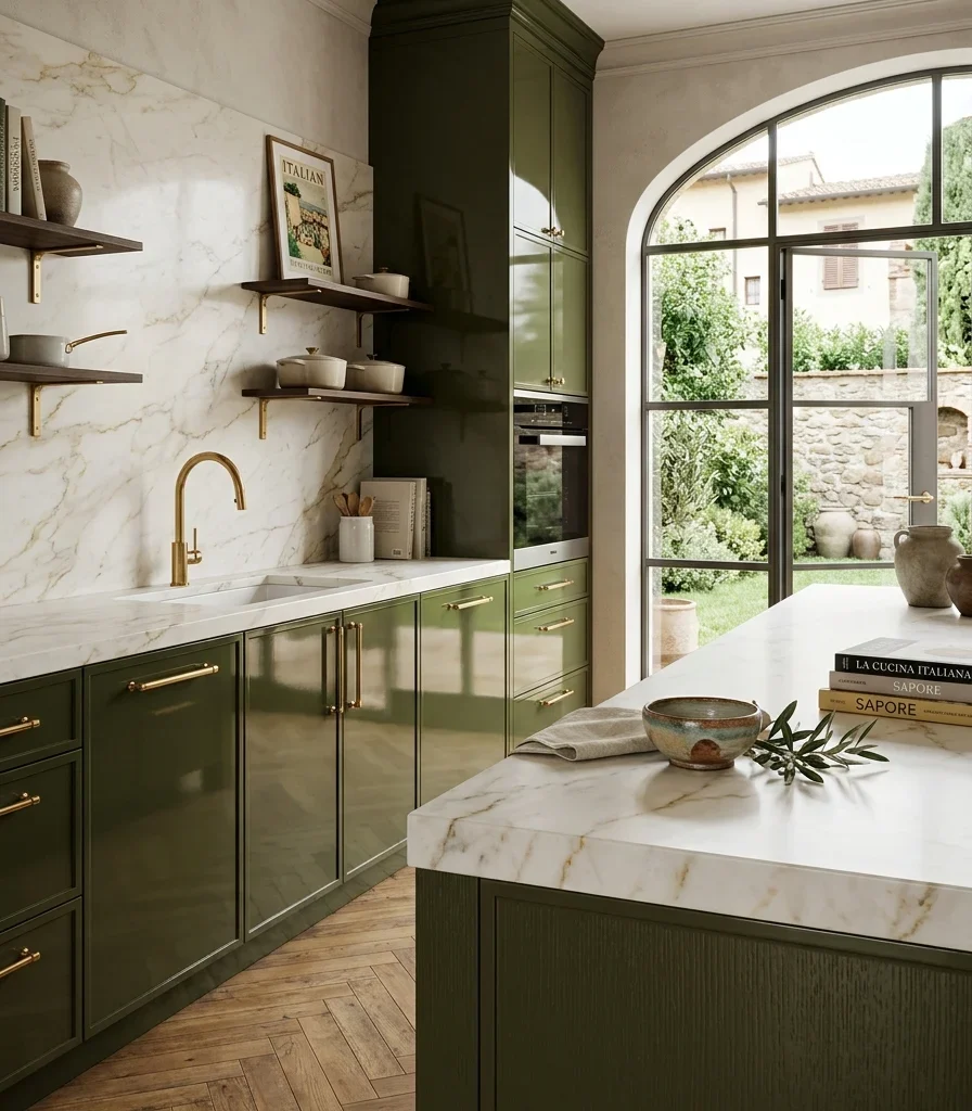7. Introduce Deep Olive Green Lacquer on Lower Cabinets