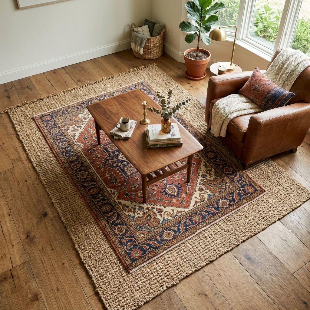 7. Layering a Vintage Rug Over a Jute Base