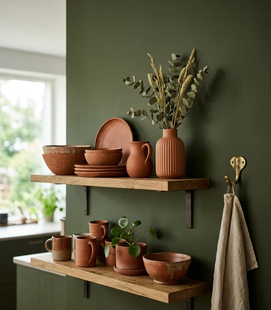 7. Paint an Olive Green Accent Behind Open Shelving