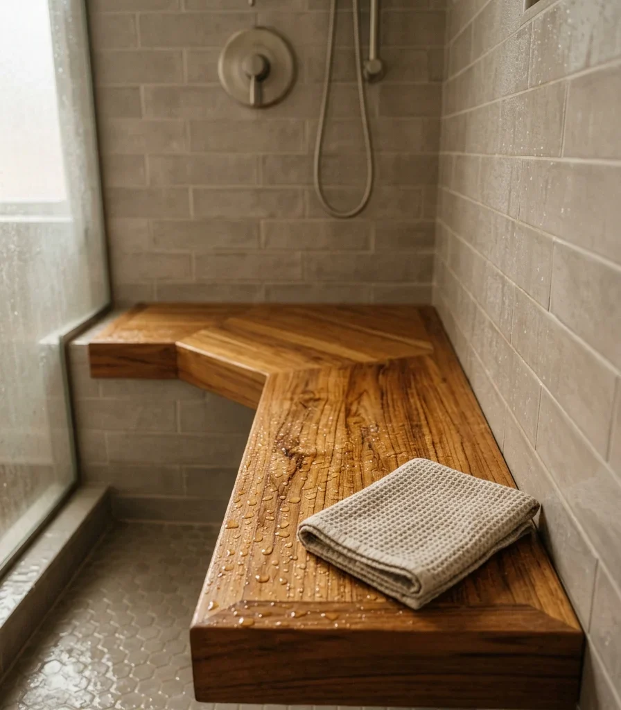 8. Add a Built-In Teak Shower Bench