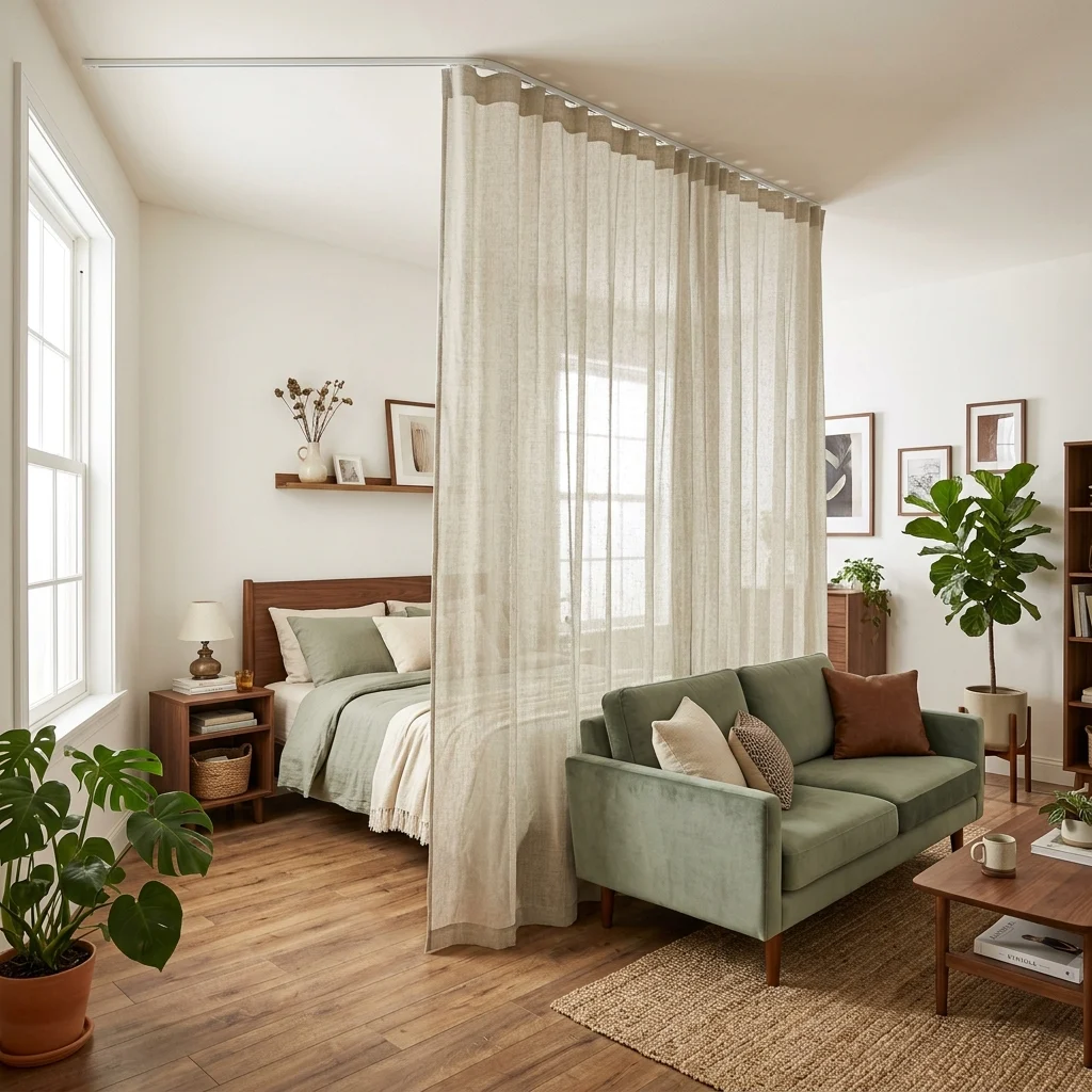 8. DIY Room Divider From Curtain Rods and Fabric