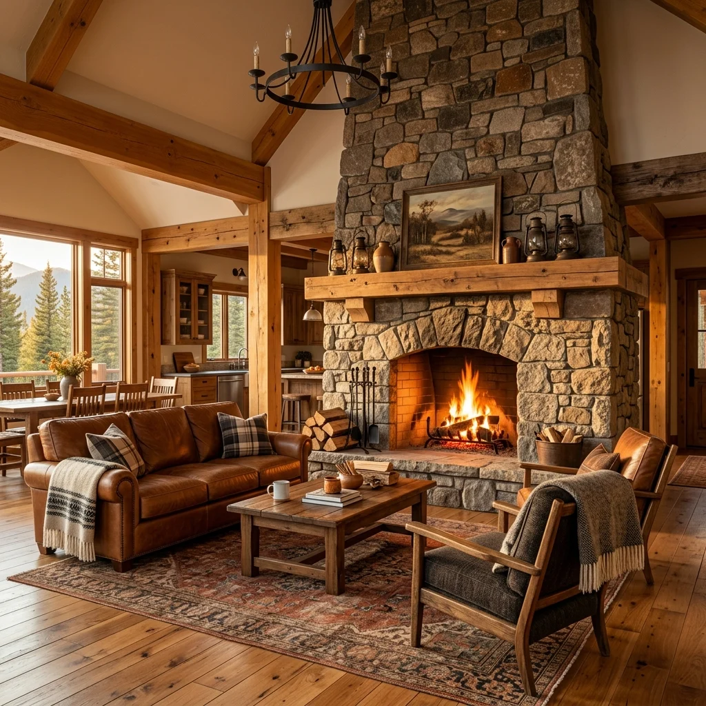 8. Great-Room Layout Anchored by a Stone Fireplace