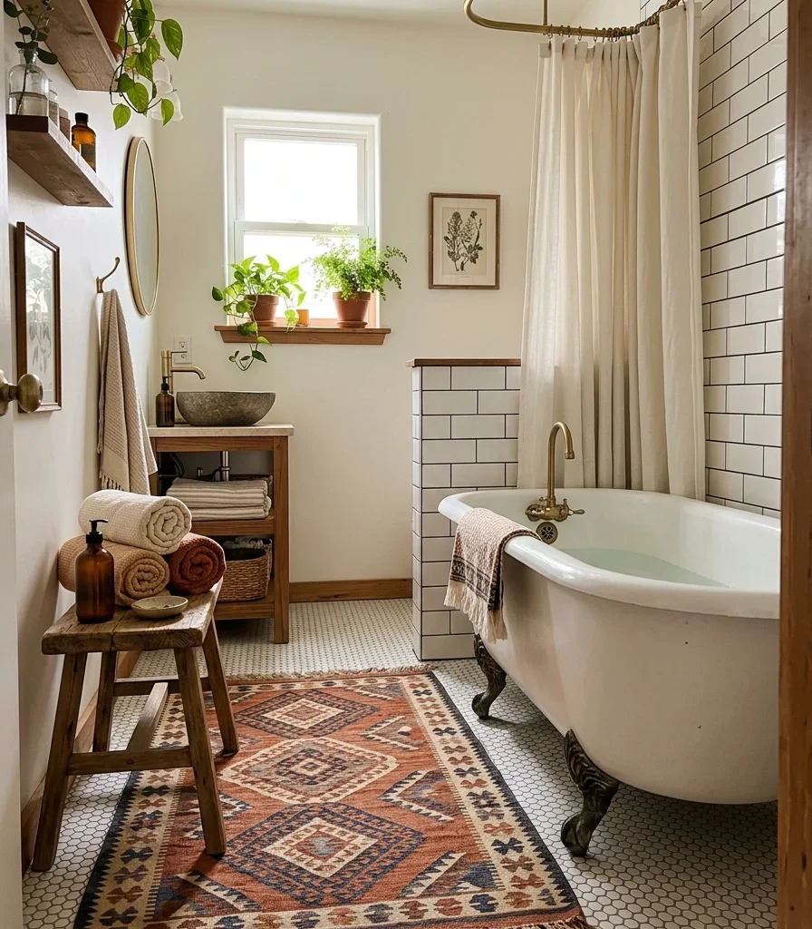 8. Layer a Vintage Kilim Bath Mat Over a Clawfoot Tub Zone