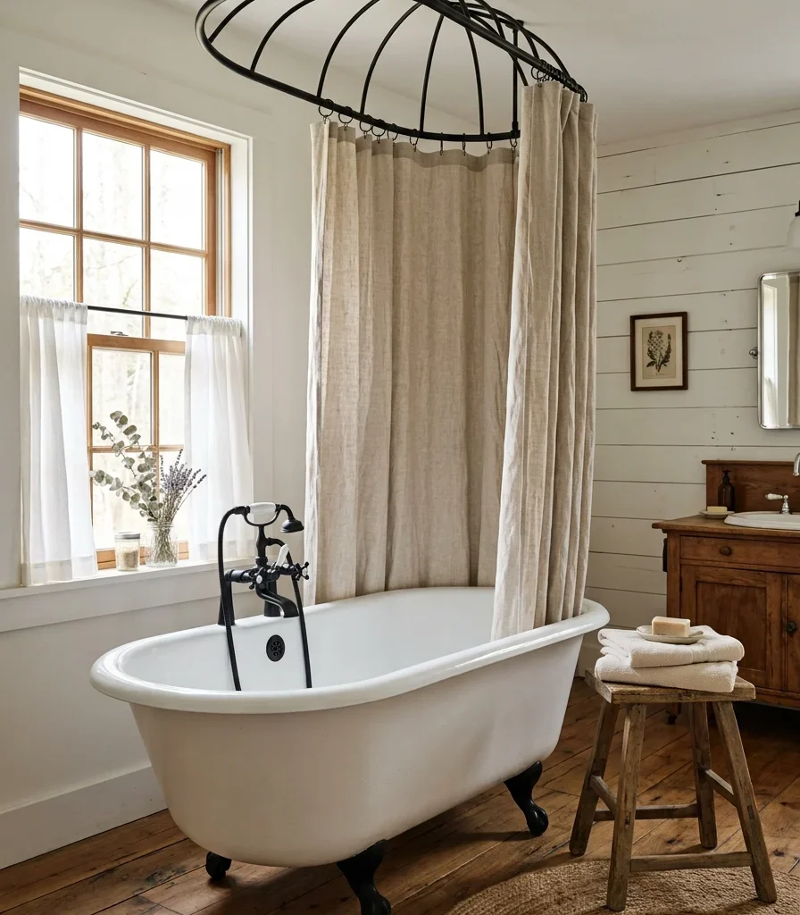 8. Pair a Clawfoot Tub With a Vintage-Style Cage Curtain Ring