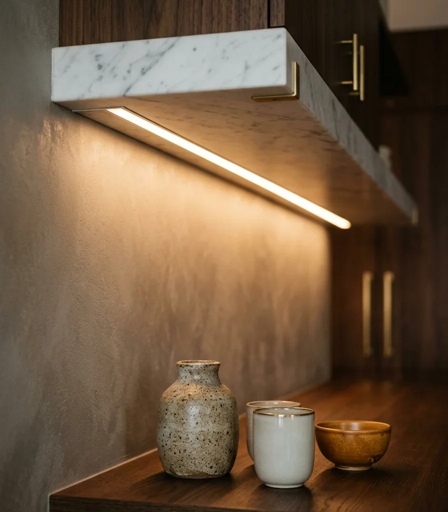 9. Add Integrated Linear Lighting Under Floating Shelves