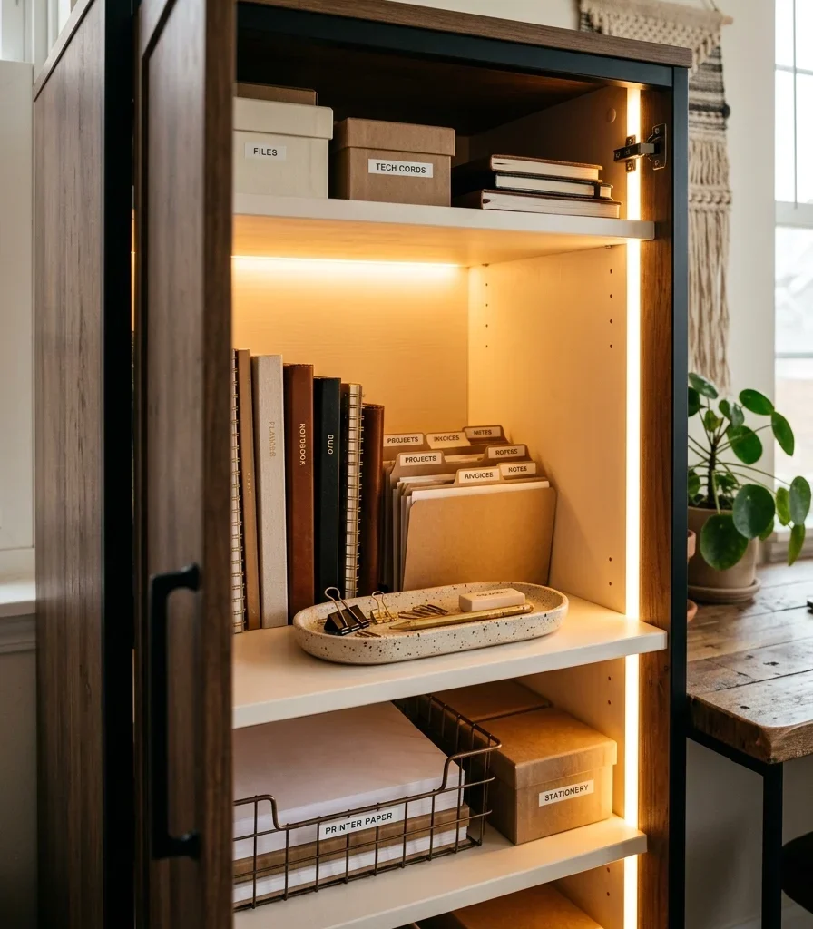 9. Add Interior Cabinet Lighting for a Closed Storage Wall
