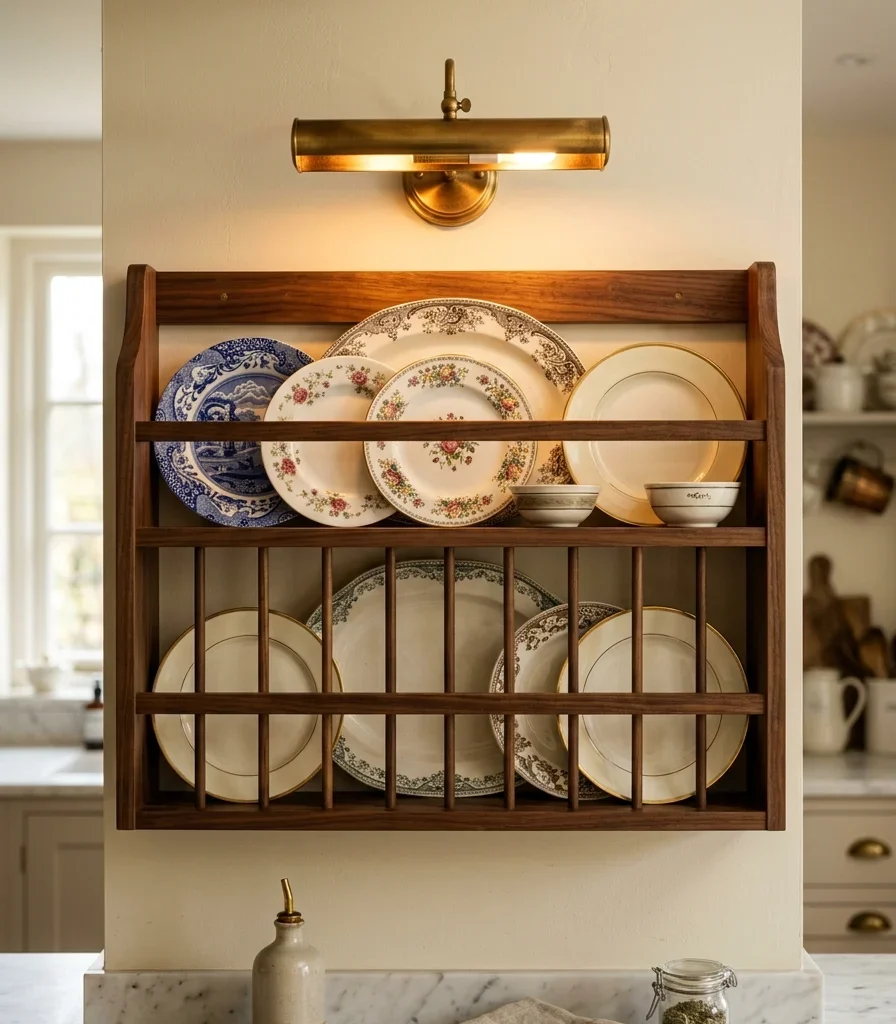 9. Classic Brass Picture Lights Over Open Plate Racks