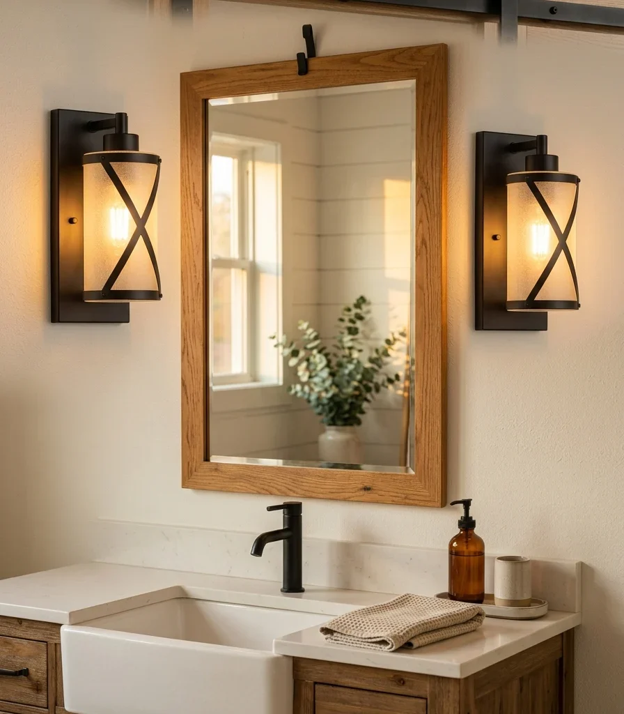 9. Flank the Mirror With Frosted Barn-Style Sconces