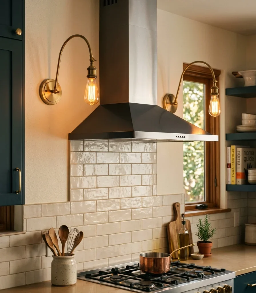 9. Flank the Range With Warm Brass Sconces