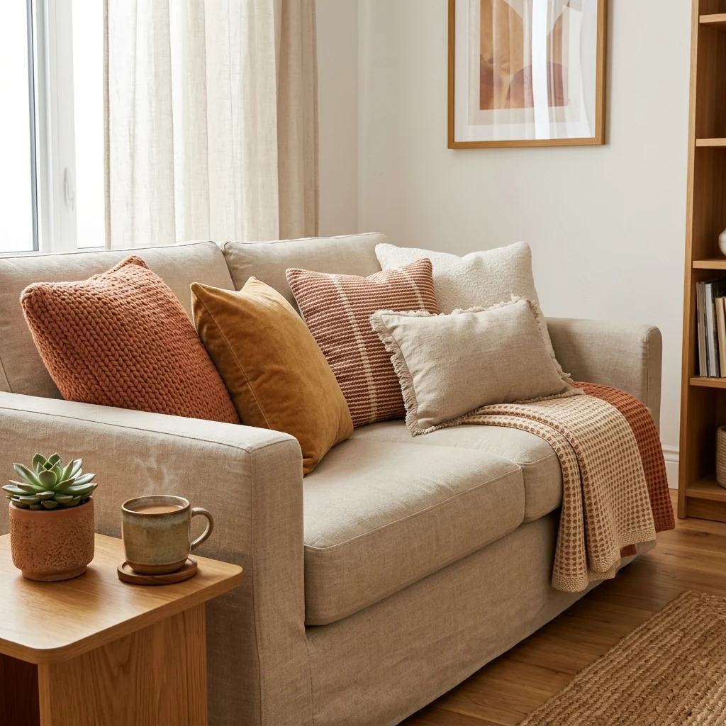 9. Layered Textiles to Disguise a Landlord-Grade Sofa