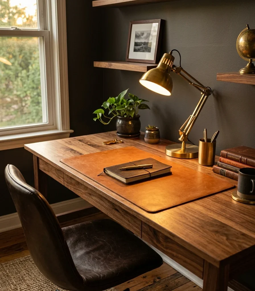 1. A Walnut Desk Anchored by Leather Texture