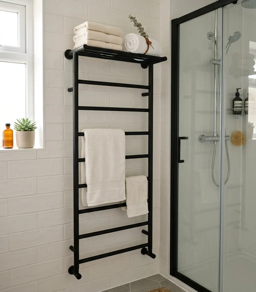 1. Add a Heated Towel Ladder Rail With an Integrated Shelf