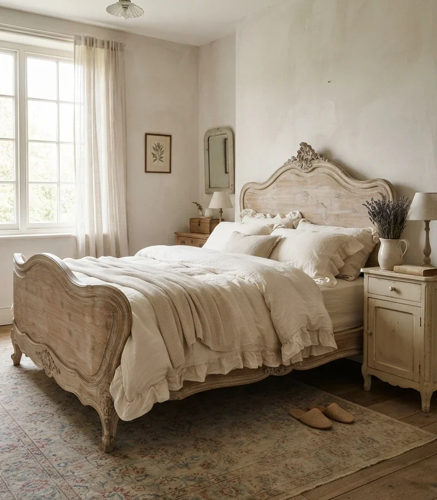 1. Anchor the Room With a Carved French-Style Bed