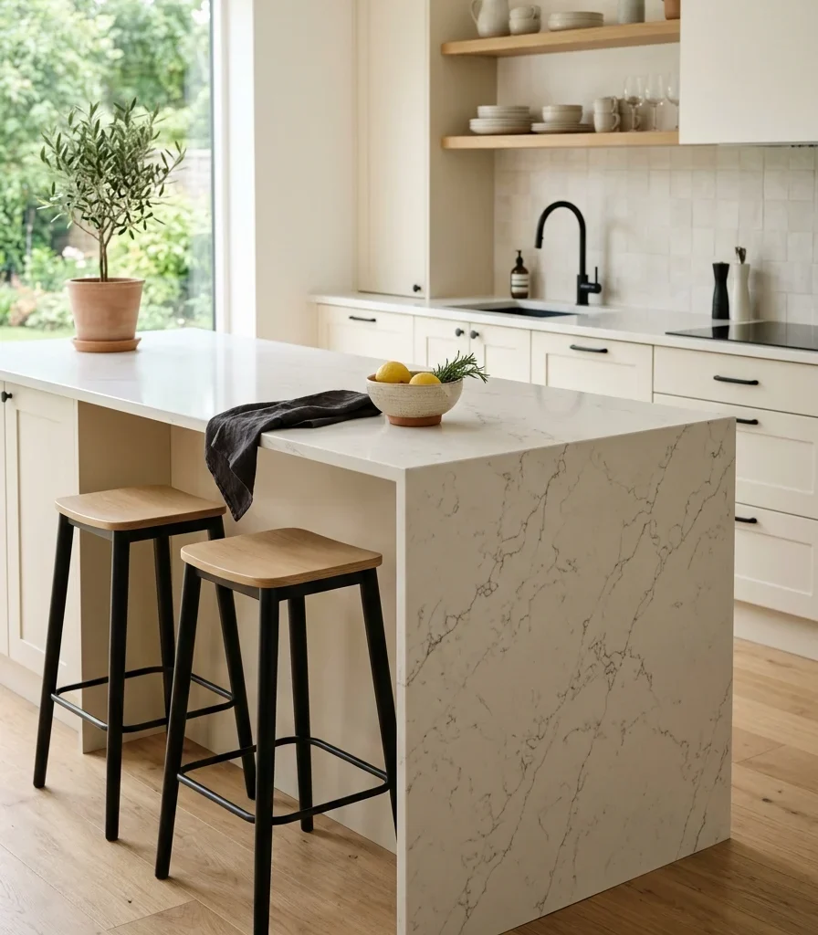 1. Choose an Engineered Quartz Waterfall Island That Mimics Marble
