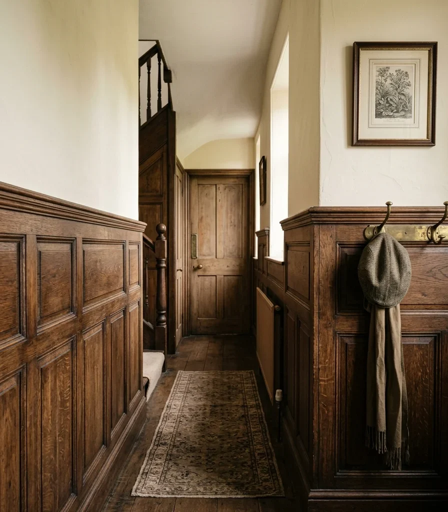 1. Dark Oak Wood-Paneled Wainscoting