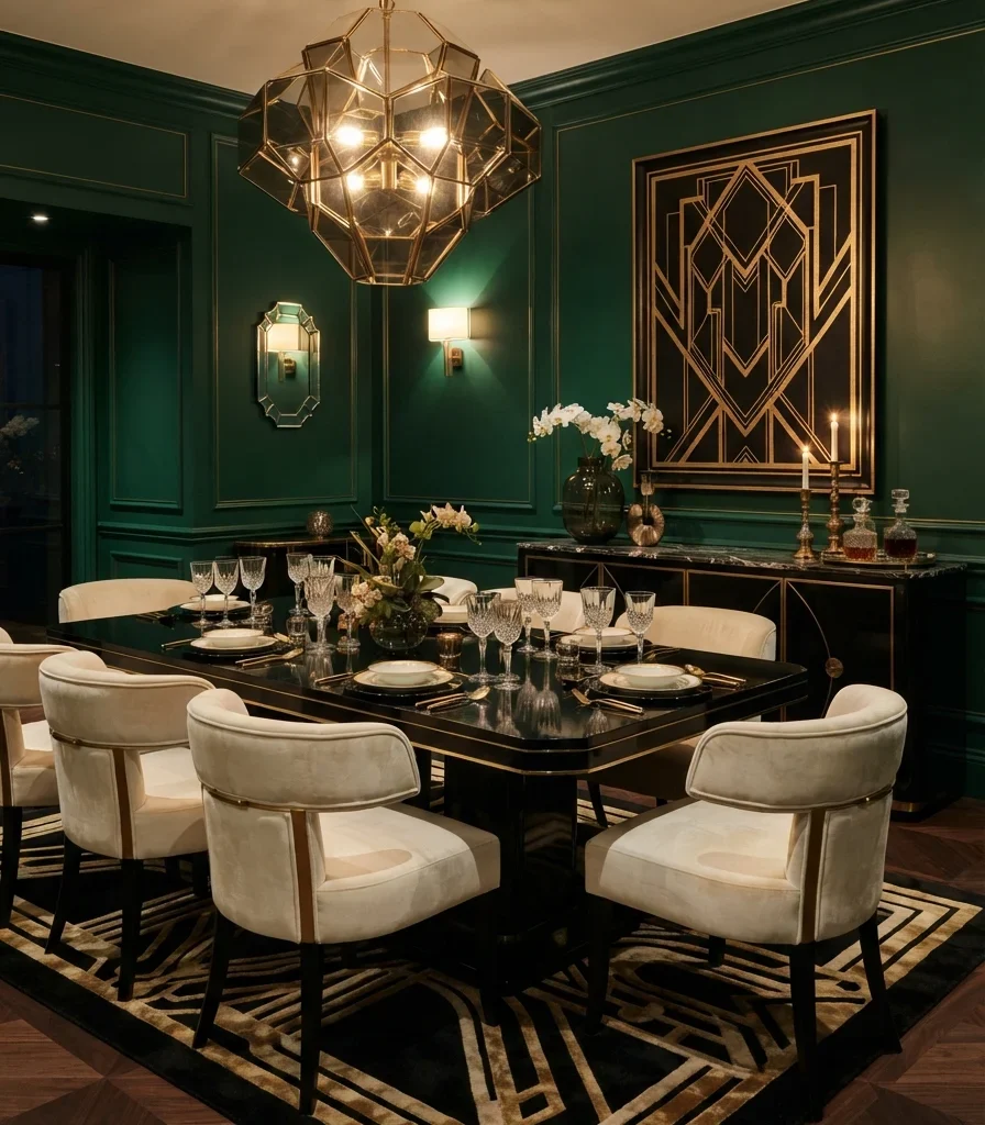 1. Emerald Green Walls with Black and Brass Contrast