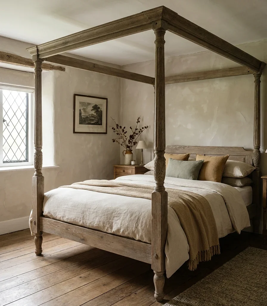 1. English Countryside Bedroom Ideas Start With a Weathered Oak Bed