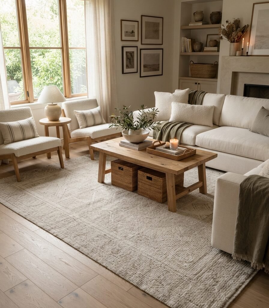 1. Ground the Room With a Large Neutral Area Rug
