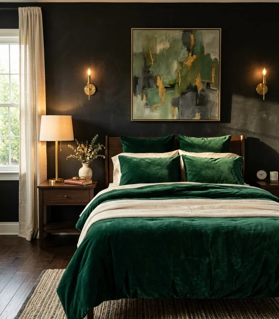 1. Matte Black Accent Wall With Emerald Bedding