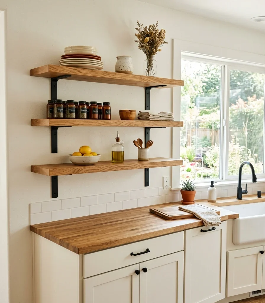 1. Open Oak Shelves Make the Kitchen Feel Larger