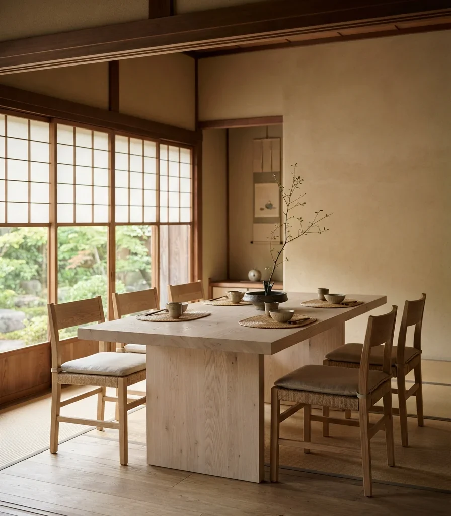 1. Pale Oak Dining Table With Rice-Paper Walls