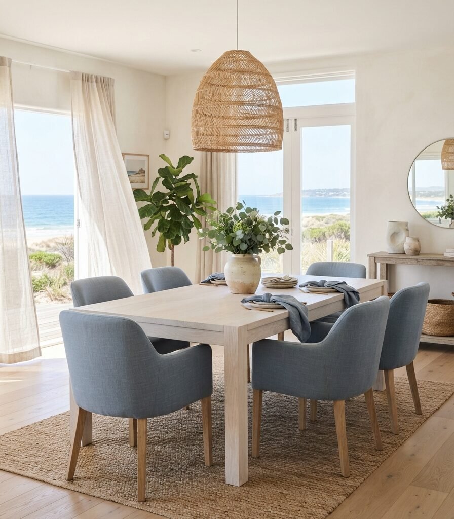 1. Pale Oak Table with Soft Blue Upholstered Chairs
