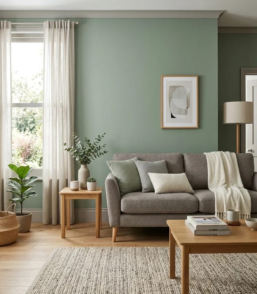 1. Sage Green Accent Wall Paired With Warm Gray Trim