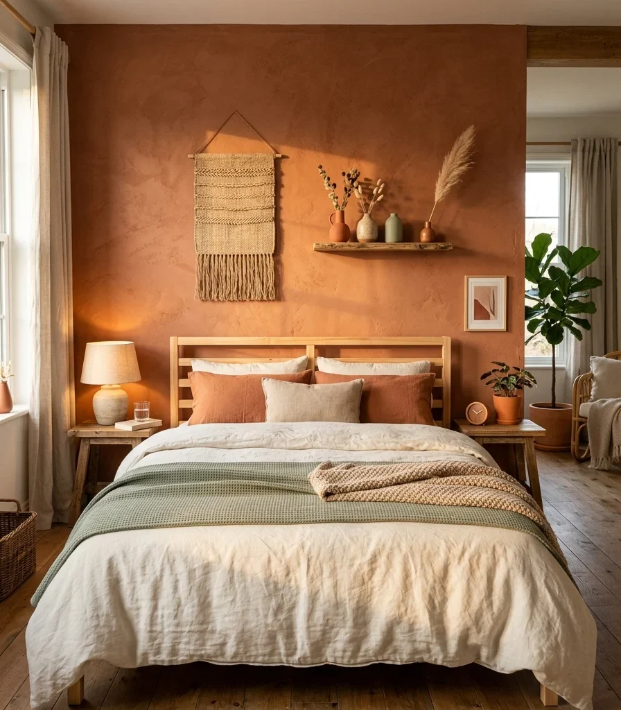 1. Terracotta Accent Wall Behind the Bed