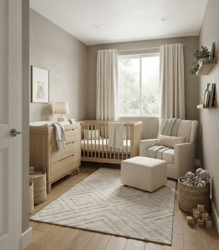 1. Warm Greige Nursery with Pale Oak Furniture
